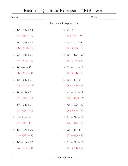 The Factoring Quadratic Expressions with Positive 'a' Coefficients up to 5 (E) Math Worksheet Page 2