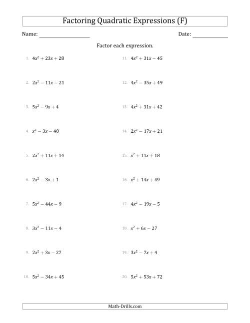 The Factoring Quadratic Expressions with Positive 'a' Coefficients up to 5 (F) Math Worksheet