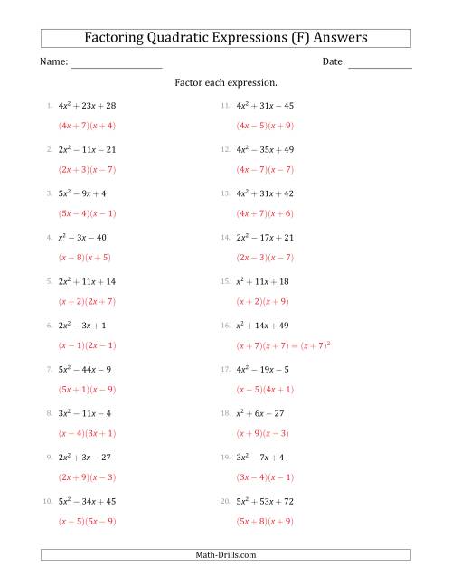 The Factoring Quadratic Expressions with Positive 'a' Coefficients up to 5 (F) Math Worksheet Page 2