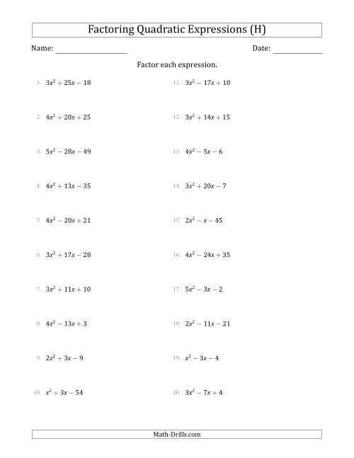 The Factoring Quadratic Expressions with Positive 'a' Coefficients up to 5 (H) Math Worksheet