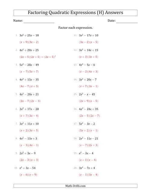 The Factoring Quadratic Expressions with Positive 'a' Coefficients up to 5 (H) Math Worksheet Page 2