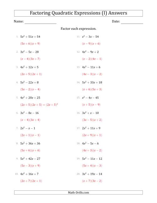 The Factoring Quadratic Expressions with Positive 'a' Coefficients up to 5 (I) Math Worksheet Page 2