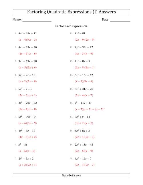 The Factoring Quadratic Expressions with Positive 'a' Coefficients up to 5 (J) Math Worksheet Page 2