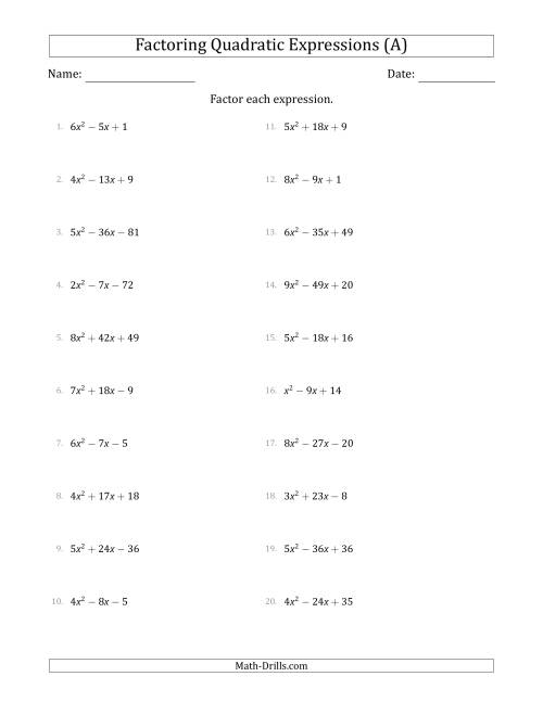 The Factoring Quadratic Expressions with Positive 'a' Coefficients up to 9 (A) Math Worksheet