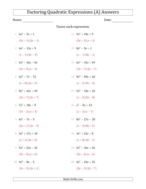 The Factoring Quadratic Expressions with Positive 'a' Coefficients up to 9 (A) Math Worksheet Page 2