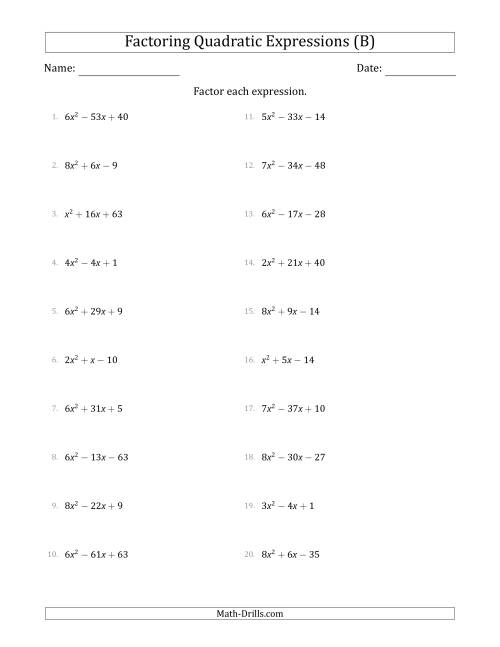 The Factoring Quadratic Expressions with Positive 'a' Coefficients up to 9 (B) Math Worksheet