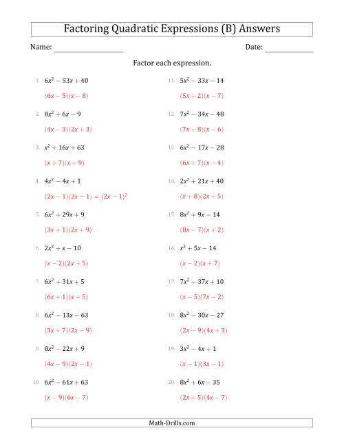 The Factoring Quadratic Expressions with Positive 'a' Coefficients up to 9 (B) Math Worksheet Page 2