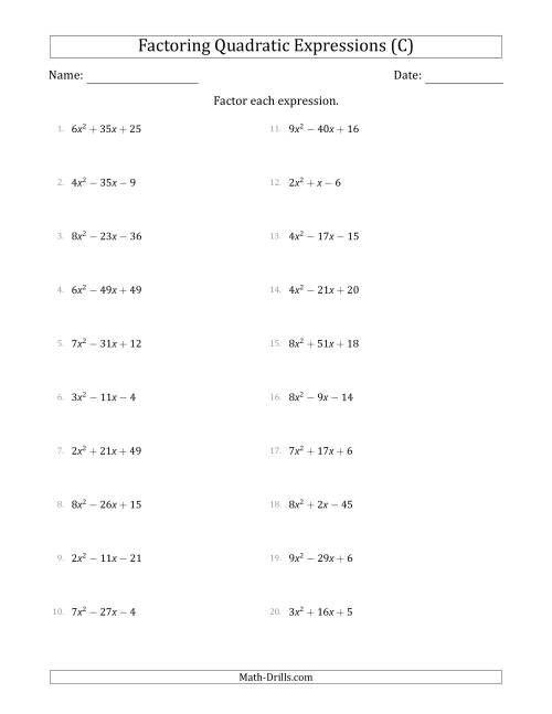 The Factoring Quadratic Expressions with Positive 'a' Coefficients up to 9 (C) Math Worksheet