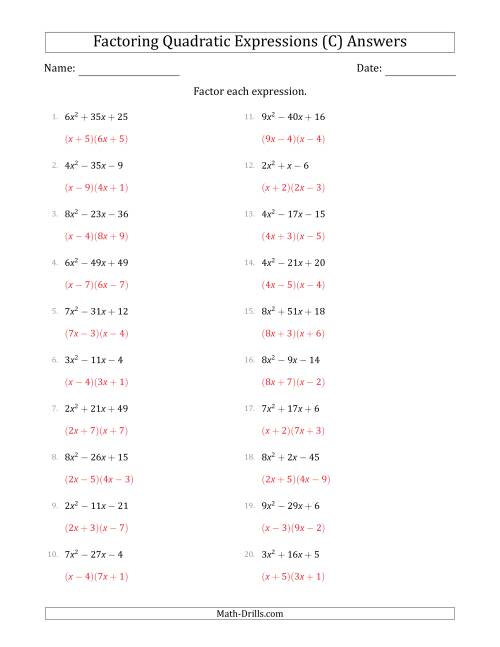 The Factoring Quadratic Expressions with Positive 'a' Coefficients up to 9 (C) Math Worksheet Page 2