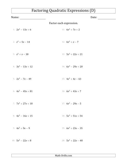 The Factoring Quadratic Expressions with Positive 'a' Coefficients up to 9 (D) Math Worksheet