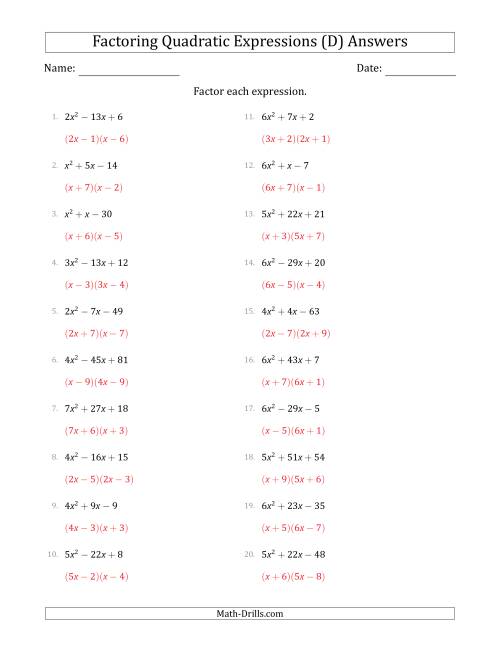 The Factoring Quadratic Expressions with Positive 'a' Coefficients up to 9 (D) Math Worksheet Page 2
