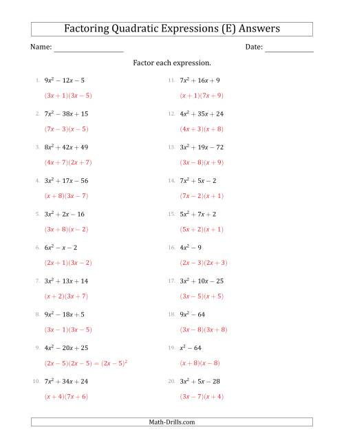 The Factoring Quadratic Expressions with Positive 'a' Coefficients up to 9 (E) Math Worksheet Page 2
