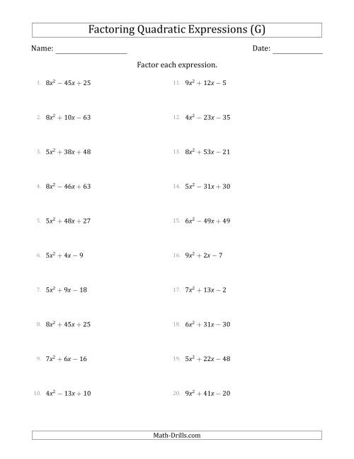 The Factoring Quadratic Expressions with Positive 'a' Coefficients up to 9 (G) Math Worksheet