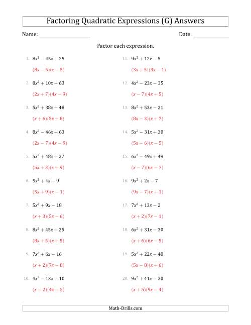 The Factoring Quadratic Expressions with Positive 'a' Coefficients up to 9 (G) Math Worksheet Page 2