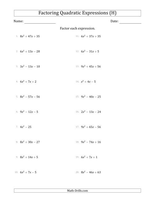 The Factoring Quadratic Expressions with Positive 'a' Coefficients up to 9 (H) Math Worksheet