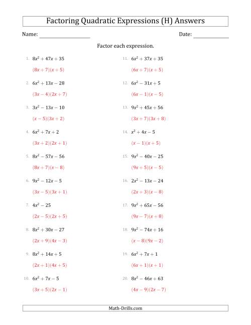 The Factoring Quadratic Expressions with Positive 'a' Coefficients up to 9 (H) Math Worksheet Page 2