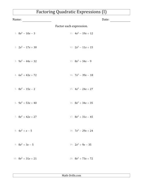 The Factoring Quadratic Expressions with Positive 'a' Coefficients up to 9 (I) Math Worksheet