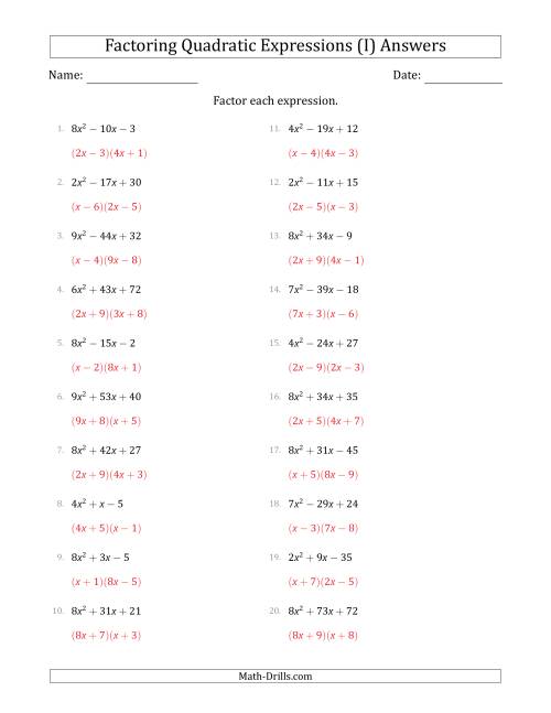 The Factoring Quadratic Expressions with Positive 'a' Coefficients up to 9 (I) Math Worksheet Page 2