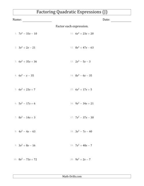 The Factoring Quadratic Expressions with Positive 'a' Coefficients up to 9 (J) Math Worksheet