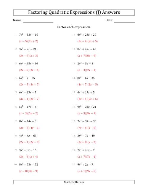 The Factoring Quadratic Expressions with Positive 'a' Coefficients up to 9 (J) Math Worksheet Page 2