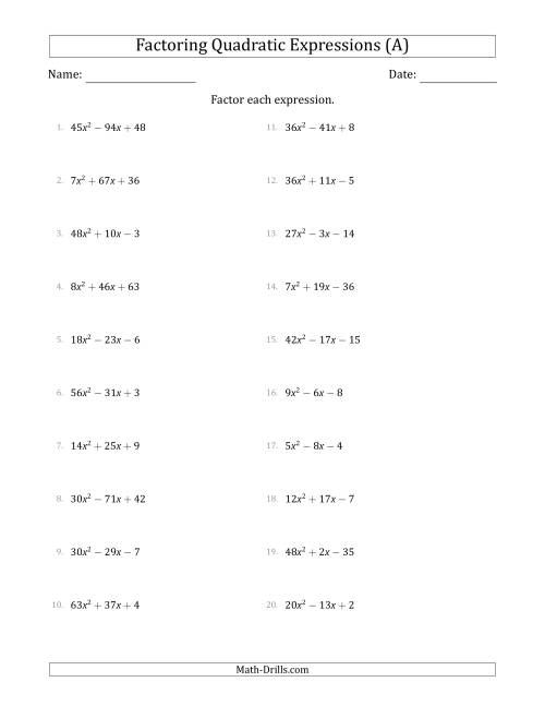 The Factoring Quadratic Expressions with Positive 'a' Coefficients up to 81 (A) Math Worksheet