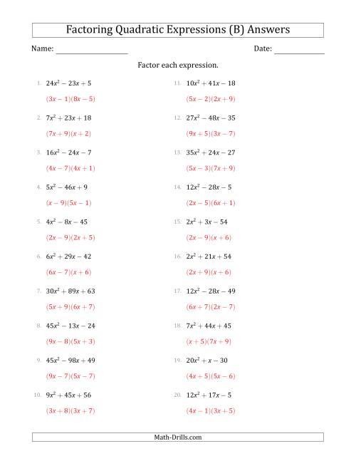 The Factoring Quadratic Expressions with Positive 'a' Coefficients up to 81 (B) Math Worksheet Page 2