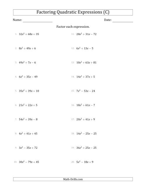 The Factoring Quadratic Expressions with Positive 'a' Coefficients up to 81 (C) Math Worksheet