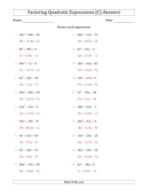 The Factoring Quadratic Expressions with Positive 'a' Coefficients up to 81 (C) Math Worksheet Page 2