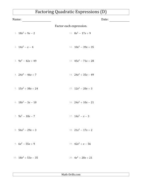 The Factoring Quadratic Expressions with Positive 'a' Coefficients up to 81 (D) Math Worksheet