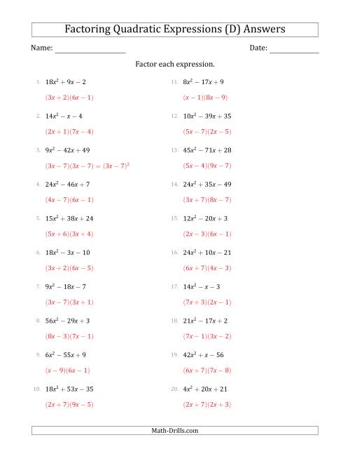 The Factoring Quadratic Expressions with Positive 'a' Coefficients up to 81 (D) Math Worksheet Page 2
