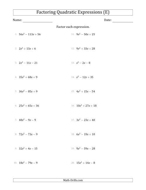 The Factoring Quadratic Expressions with Positive 'a' Coefficients up to 81 (E) Math Worksheet