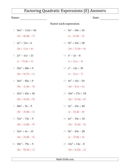 The Factoring Quadratic Expressions with Positive 'a' Coefficients up to 81 (E) Math Worksheet Page 2