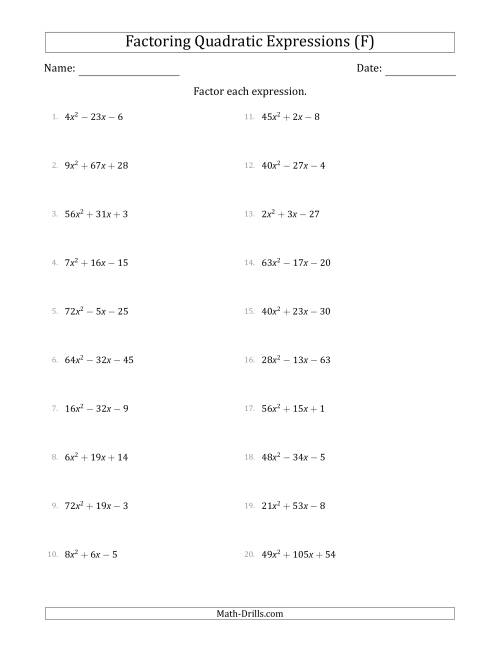 The Factoring Quadratic Expressions with Positive 'a' Coefficients up to 81 (F) Math Worksheet