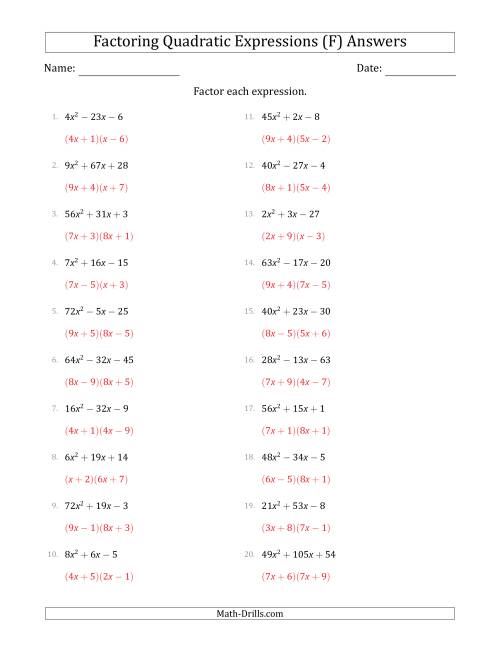 The Factoring Quadratic Expressions with Positive 'a' Coefficients up to 81 (F) Math Worksheet Page 2