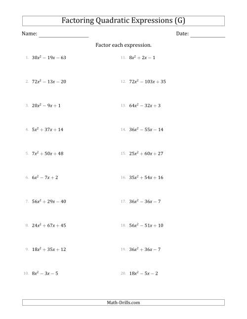 The Factoring Quadratic Expressions with Positive 'a' Coefficients up to 81 (G) Math Worksheet