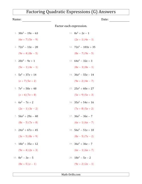 The Factoring Quadratic Expressions with Positive 'a' Coefficients up to 81 (G) Math Worksheet Page 2