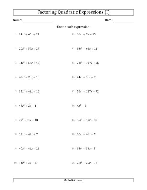 The Factoring Quadratic Expressions with Positive 'a' Coefficients up to 81 (I) Math Worksheet