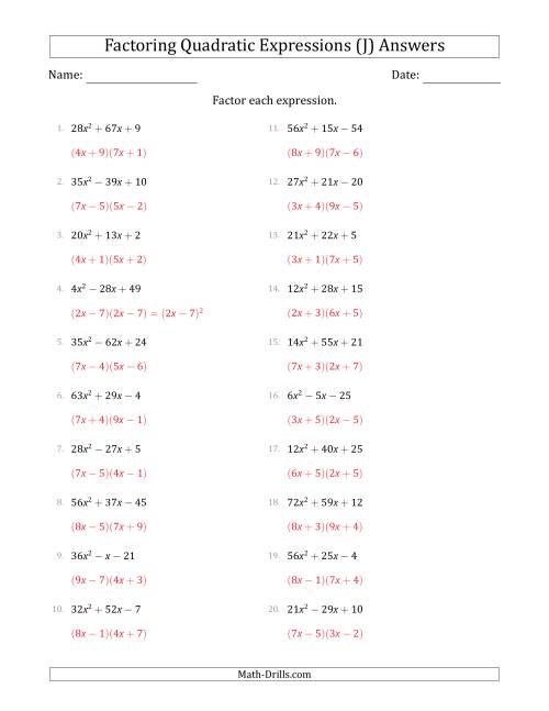 The Factoring Quadratic Expressions with Positive 'a' Coefficients up to 81 (J) Math Worksheet Page 2