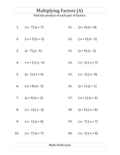 The Multiplying Factors of Quadratic Expressions with x Coefficients of 1 and -1 (A) Math Worksheet