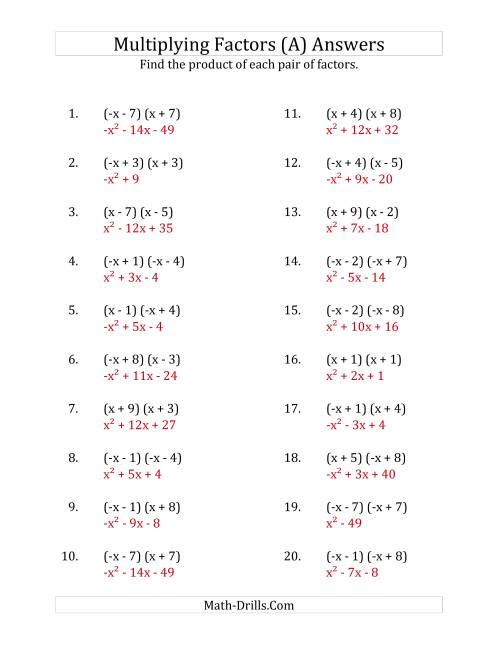 The Multiplying Factors of Quadratic Expressions with x Coefficients of 1 and -1 (A) Math Worksheet Page 2