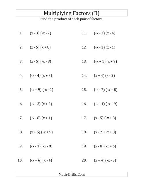 The Multiplying Factors of Quadratic Expressions with x Coefficients of 1 and -1 (B) Math Worksheet