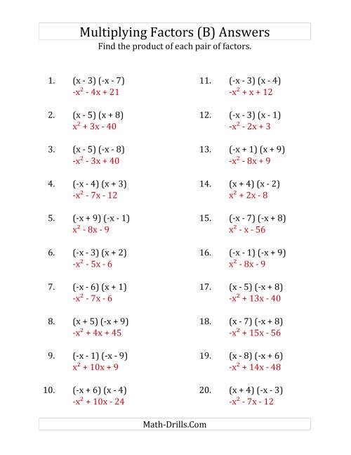 The Multiplying Factors of Quadratic Expressions with x Coefficients of 1 and -1 (B) Math Worksheet Page 2