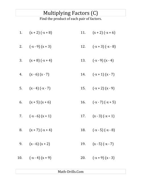 The Multiplying Factors of Quadratic Expressions with x Coefficients of 1 and -1 (C) Math Worksheet