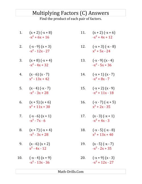 The Multiplying Factors of Quadratic Expressions with x Coefficients of 1 and -1 (C) Math Worksheet Page 2