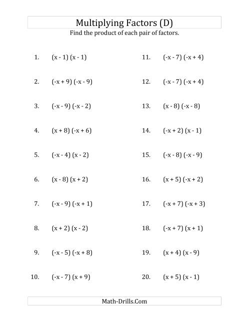 The Multiplying Factors of Quadratic Expressions with x Coefficients of 1 and -1 (D) Math Worksheet