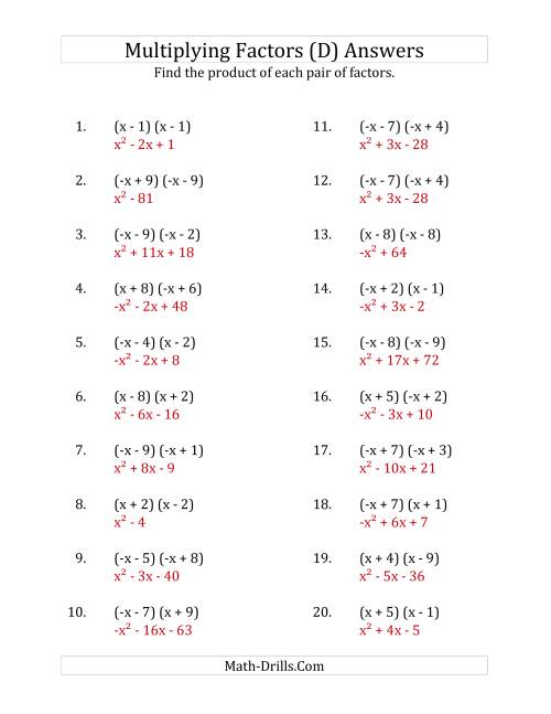 The Multiplying Factors of Quadratic Expressions with x Coefficients of 1 and -1 (D) Math Worksheet Page 2