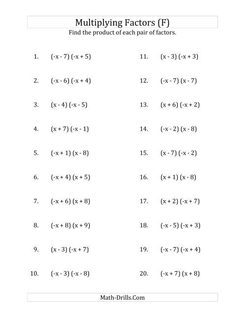 The Multiplying Factors of Quadratic Expressions with x Coefficients of 1 and -1 (F) Math Worksheet