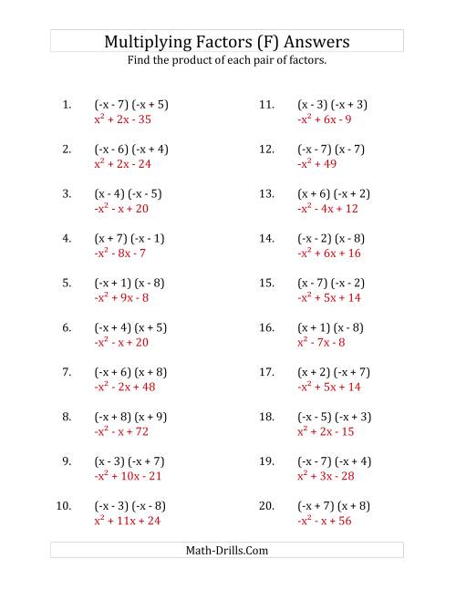 The Multiplying Factors of Quadratic Expressions with x Coefficients of 1 and -1 (F) Math Worksheet Page 2