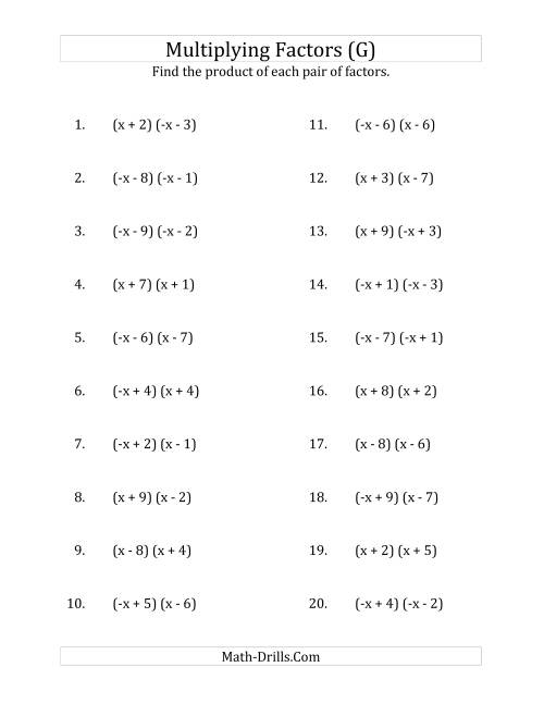 The Multiplying Factors of Quadratic Expressions with x Coefficients of 1 and -1 (G) Math Worksheet