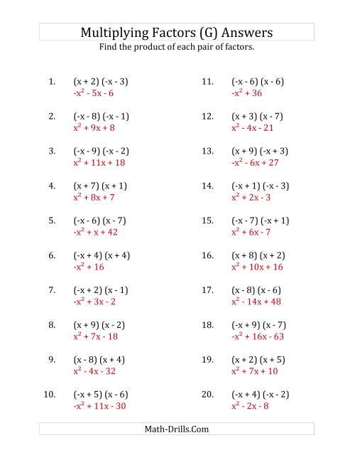 The Multiplying Factors of Quadratic Expressions with x Coefficients of 1 and -1 (G) Math Worksheet Page 2